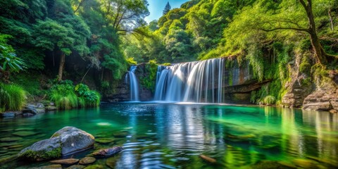 Merdai Falls in June frames the waterfall's lower section, where the water collects in a serene pool, reflecting the vibrant hues of the surrounding vegetation.