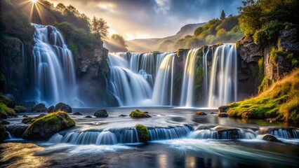 Fototapeta premium Cascading waterfall hidden power stands strong amidst a rugged, misty landscape, highlighting the dramatic, high-contrast lighting and majestic water flow.