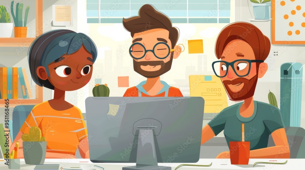 Aufkleber cartoon vector team collaborating on a project through a virtual workspace