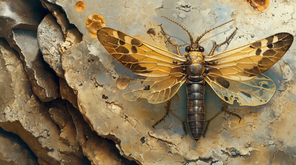 Fossil insects: Shown are detailed impressions and specimens preserved in amber or sedimentary rocks.