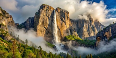 Bridalveil Fall (California) in the afternoon, misty veil rises from base, revealing hidden details