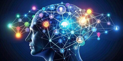 Abstract mind map of strategic thinker with interconnected ideas, symbols, and complexity