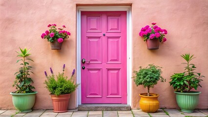 Pink door with potted plant and flower in front creating a charming and inviting entrance