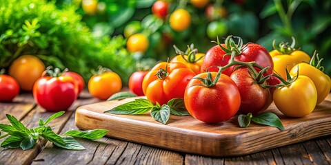 Close up of fresh red and yellow tomatoes on a wooden cutting board surrounded by green foliage