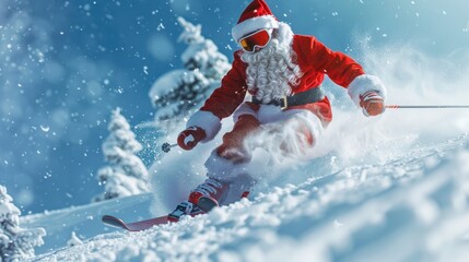 Fototapeta premium Santa Claus Skiing Down a Snowy Mountain
