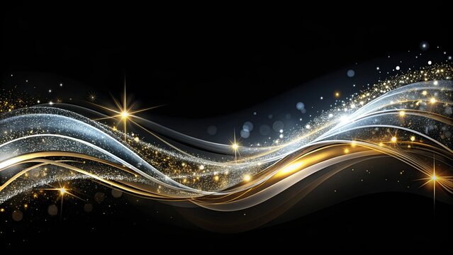 Elegant black background with gold and silver waves and sparkles, perfect for luxury and celebration themes