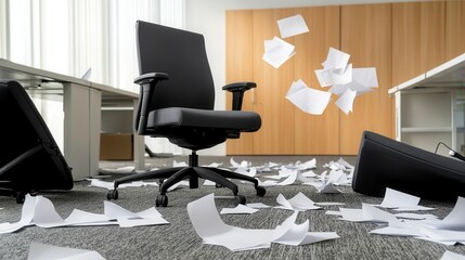 Naklejka premium An empty office chair surrounded by scattered papers on the floor, depicting chaos and disarray in a workspace environment.