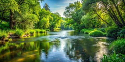 Obraz premium * Gentle river currents weave through a tapestry of vibrant greenery in a serene natural environment.
