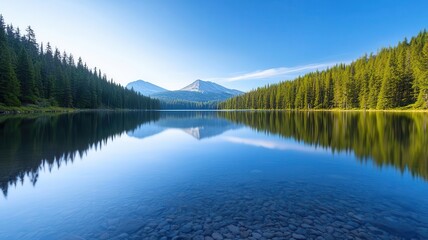 Fototapeta premium Secluded mountain lake with still water, reflection of the surrounding trees and sky, peaceful and undisturbed, Labor Day, nature s tranquility