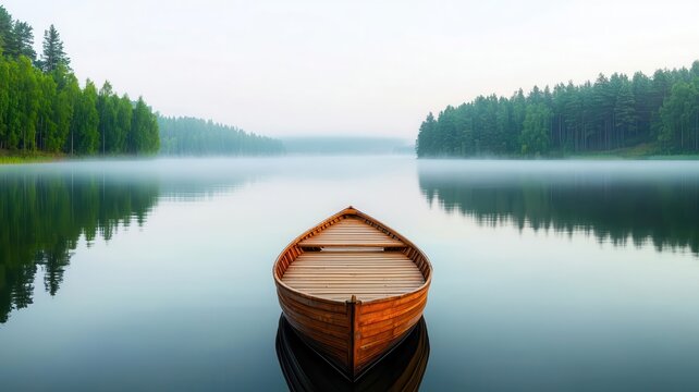Calm lakeside with a solitary dock and a single rowboat, mist rising in the morning light, tranquil ambiance, Labor Day, restful escape