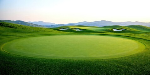 Obraz premium Deserted golf course at dawn, soft light on the green, rolling hills in the background, Labor Day, leisure in nature