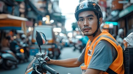 Obraz premium Motorcycle Taxi Driver Waiting for Passengers at Busy Bangkok Street Corner