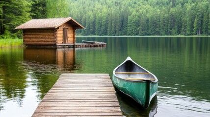 Obraz premium Deserted lakeside cabin with a small dock, canoe tied up, soft ripples on the water, Labor Day, quiet escape
