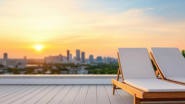 Empty rooftop terrace with lounge chairs, overlooking a city skyline at sunset, quiet and secluded, Labor Day, urban retreat