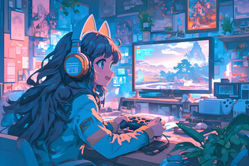 Gamer Girl: Girl playing a retro video game on an old TV with oversized headphones and posters of her favorite anime characters. Anime style, Cozy vibes