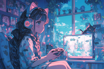 Gamer Girl: Girl playing a retro video game on an old TV with oversized headphones and posters of her favorite anime characters. Anime style, Cozy vibes