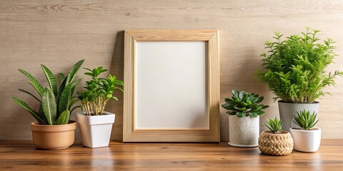 Fototapeta premium Picture frame and plant decor elements in a cozy room setting