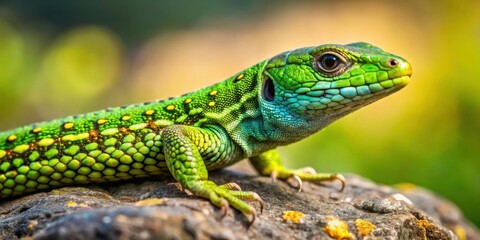 Obraz premium Juvenile Podarcis muralis lizard with vibrant green scales resting on a rock , reptile, wildlife