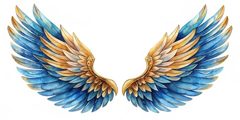 Obraz premium Watercolor painting of gold and blue wings, elegant and mystical design for artistic projects