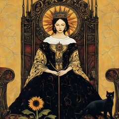 Obraz premium Regal Queen of Wands Seated on Throne with Sunflower and Black Cat Familiar