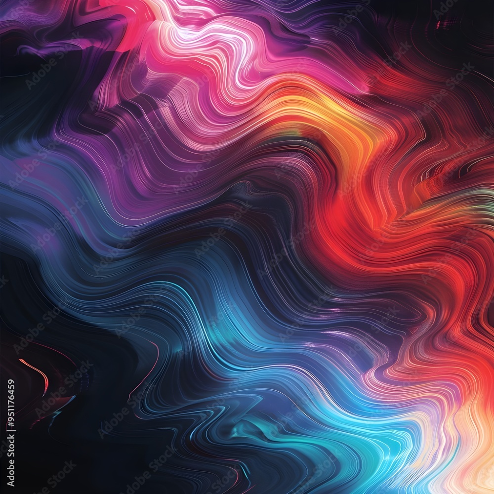 Poster an abstract image with vibrant swirling patterns in shades of red, blue, purple, and yellow, creatin