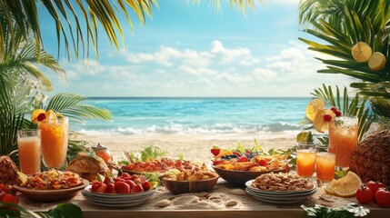 A festive beach party with a buffet of tropical foods and drinks, set against a lively atmosphere. Plenty of copy space.