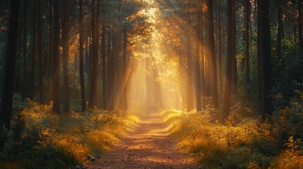 Obraz premium Forest pathway with tall trees, low angle, warm tones, light beams, peaceful solitude