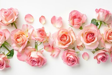 Delicate Pink Roses and Petals on White Background
