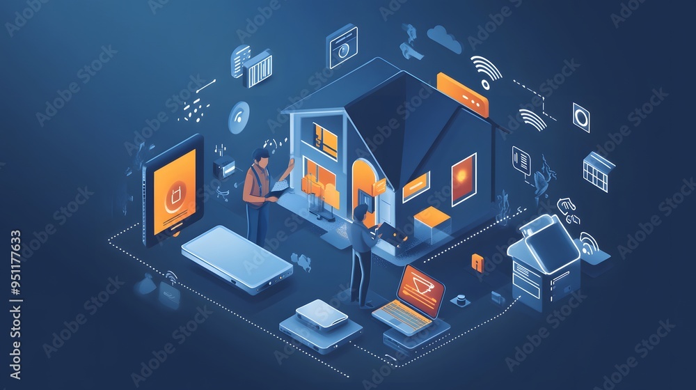 Aufkleber 25. a smart home technician configuring various iot devices in a home setting
