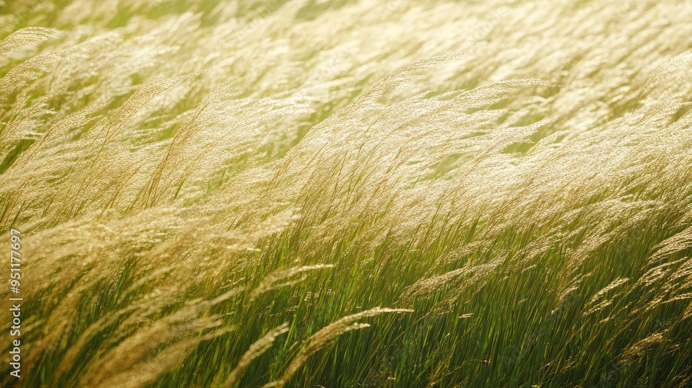 Poster a field of tall grass swaying in the wind, with each blade bending gracefully, creating a dynamic an