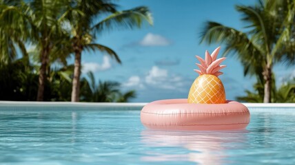 Obraz premium Inflatable pineapple podium floating in pool.