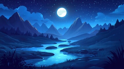 Serene Nighttime Landscape with Moonlit Mountains and River.