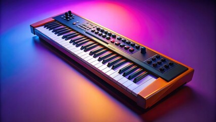 A detailed photo of an orange and black synthesizer with a purple and blue background and bright highlights, synthesizer, knobs