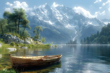 Serene Lakeside Scene with Rowboat and Distant Mountain Peaks in Tranquil Nature Landscape