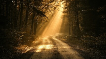 Obraz premium Forest road with sunlight streaming through, high contrast, warm tones, peaceful setting, natural beauty