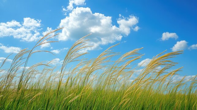 A field of tall grass bending in the wind, with the sky in the background, perfect for natural and dynamic designs with ample copy space.