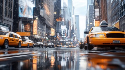Photorealistic chrome signage reflecting bustling city street.