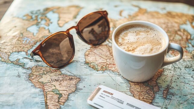 A flat lay of a modern world map with a plane ticket, sunglasses, and a cup of coffee, representing the excitement of travel planning.