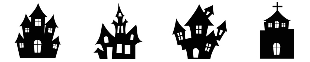 Haunted house,Set of haunted houses for halloween. Collection of castles with monsters, Black house sieves,Vector illustration for kids,Halloween buildings