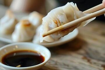 hand holds a piece of dim sum with chopsticks above a small dish of soy sauce.