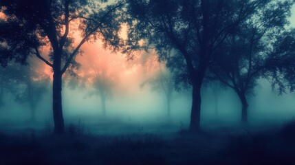Obraz premium A foggy forest at dawn, with trees emerging from the mist, offering a mysterious and tranquil atmosphere with ample room for messaging.