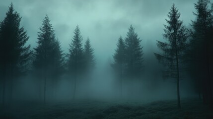 A foggy forest with tall, dark trees standing close together, creating an eerie yet beautiful atmosphere.