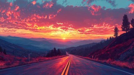 Mountain road with a sunset backdrop, realistic, vibrant colors, dynamic shadows, stunning scenery