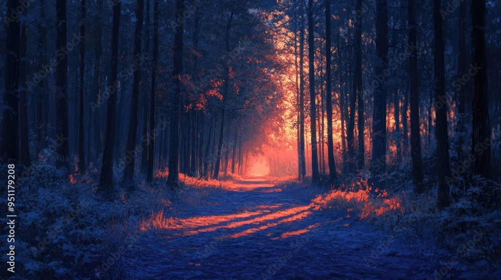 Poster a forest at dusk, with the last light of the day casting long shadows between the trees and creating