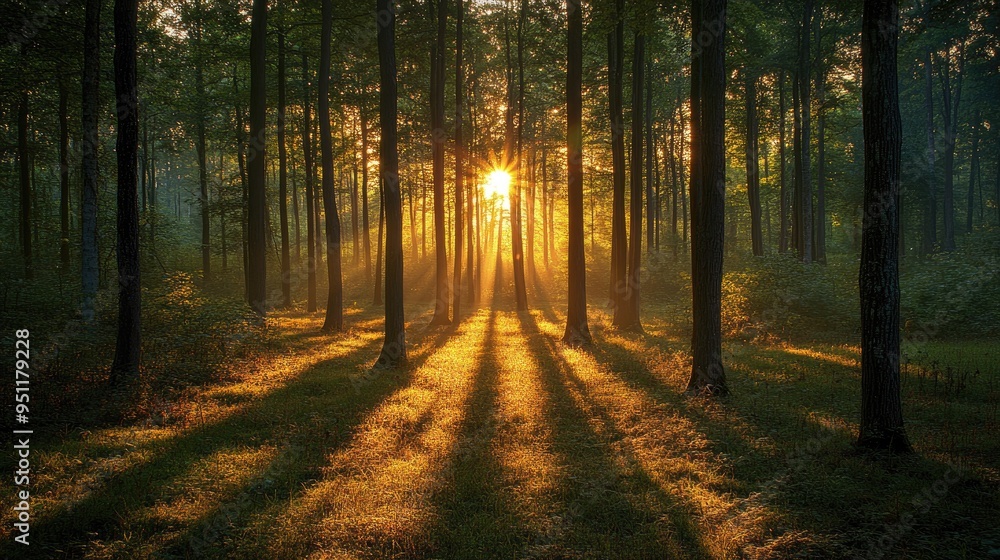 Aufkleber a forest at dusk, with the last light of the day casting long shadows between the trees and creating