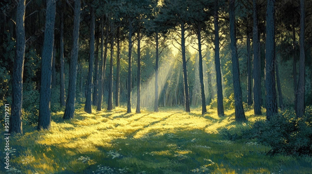 Poster a forest at dusk, with the last light of the day casting long shadows between the trees and creating
