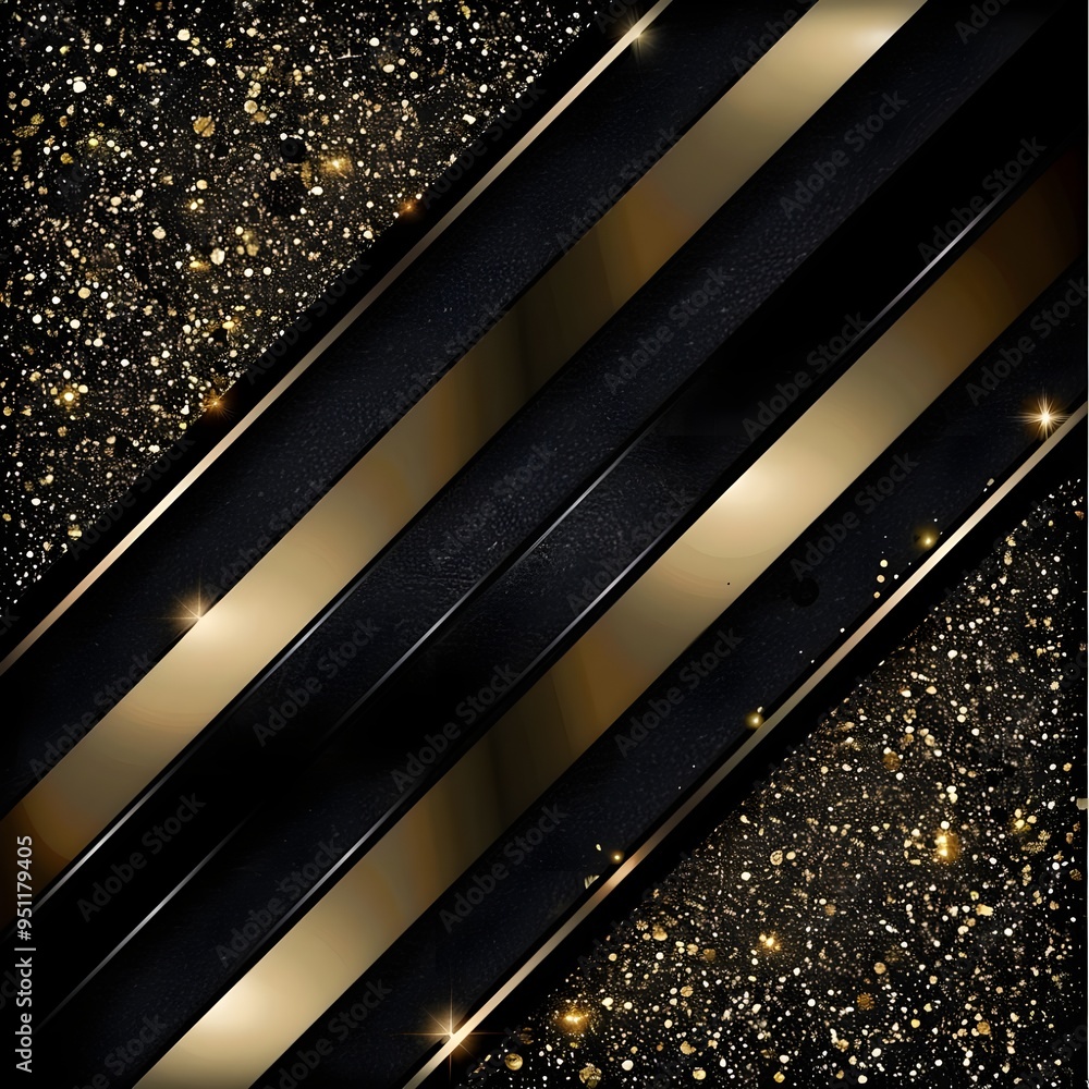 Poster an abstract image showcasing sleek black and gold diagonal stripes set against a sparkling backgroun