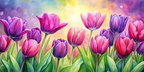 Fototapeta premium Vibrant watercolor painting of purple and pink tulips in full bloom