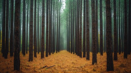 A forest of tall pine trees, their trunks rising straight and tall, with the forest floor covered in needles.