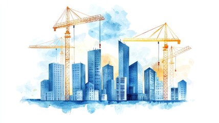 Obraz premium Modern city skyline, cranes and skyscrapers, watercolor style